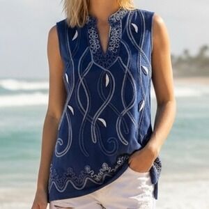 Navy Blue Silver Soutache Embroidered Tunic Top Small Coastal Boho Artsy Resort